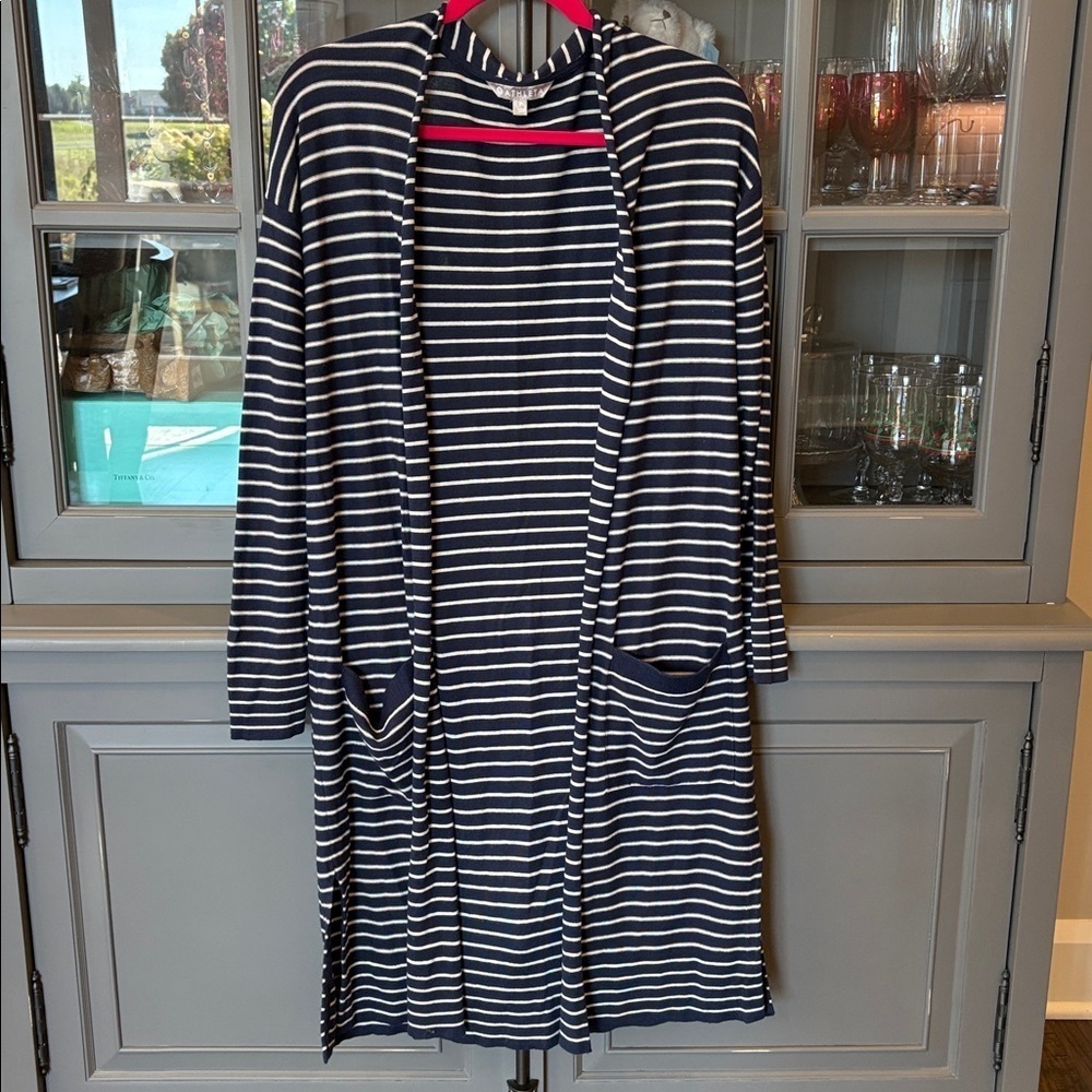 Athleta Navy and White Striped Silk Cashmere Long Waterfall Cardigan